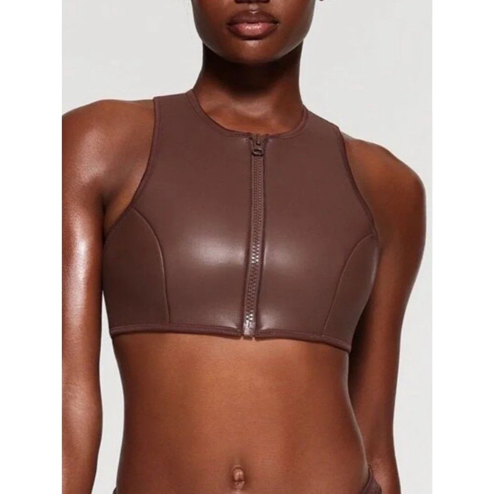 Skims Rubberized Scuba Swim Front-Zip High Neck Bikini Top Cocoa Brown XL NWT